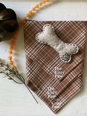 Hand Crafted Brown Plaid Dog Bandana with Cream Bone Toy